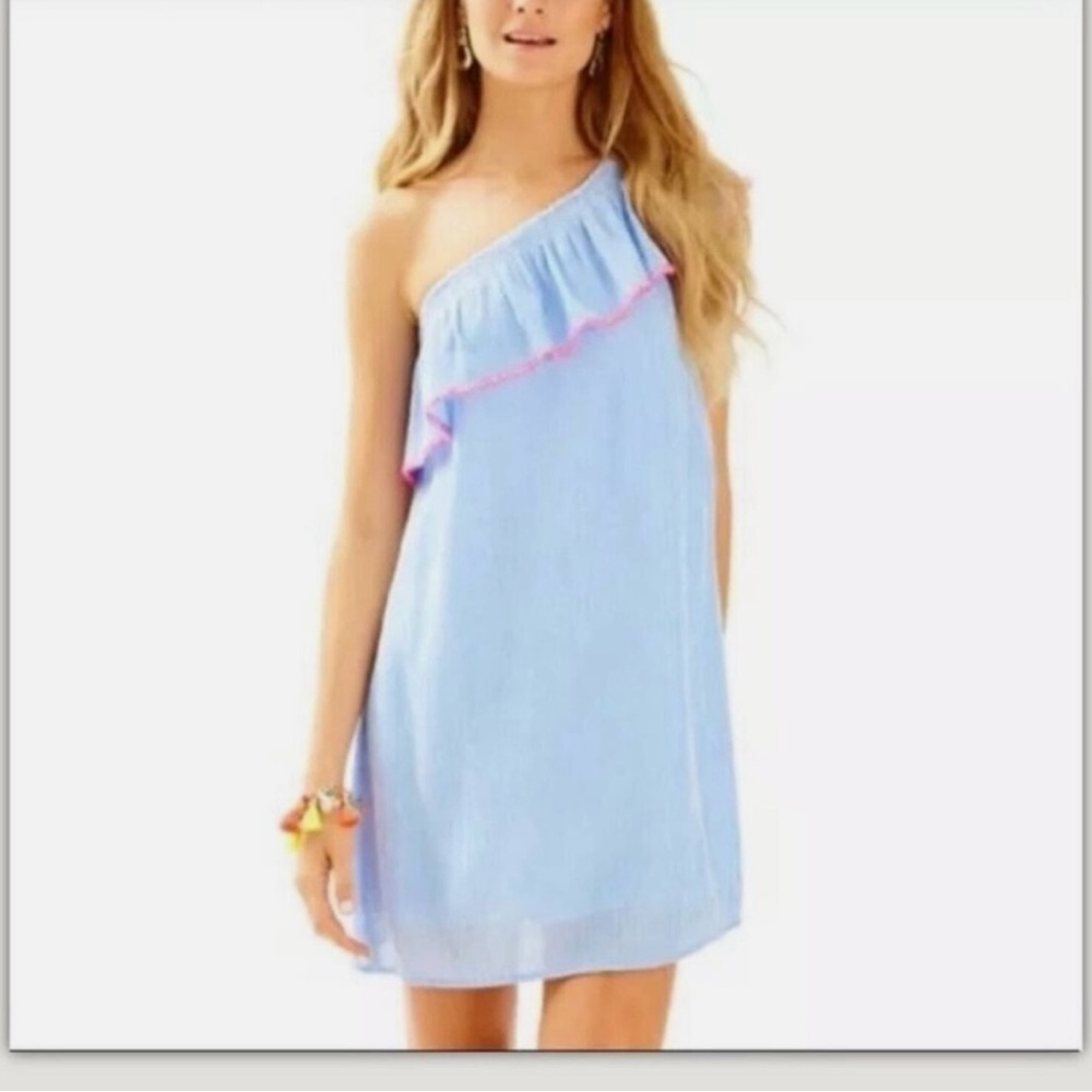 Lilly Pulitzer Emmeline Blue One Shoulder Pullover Dress Lined Womens Small